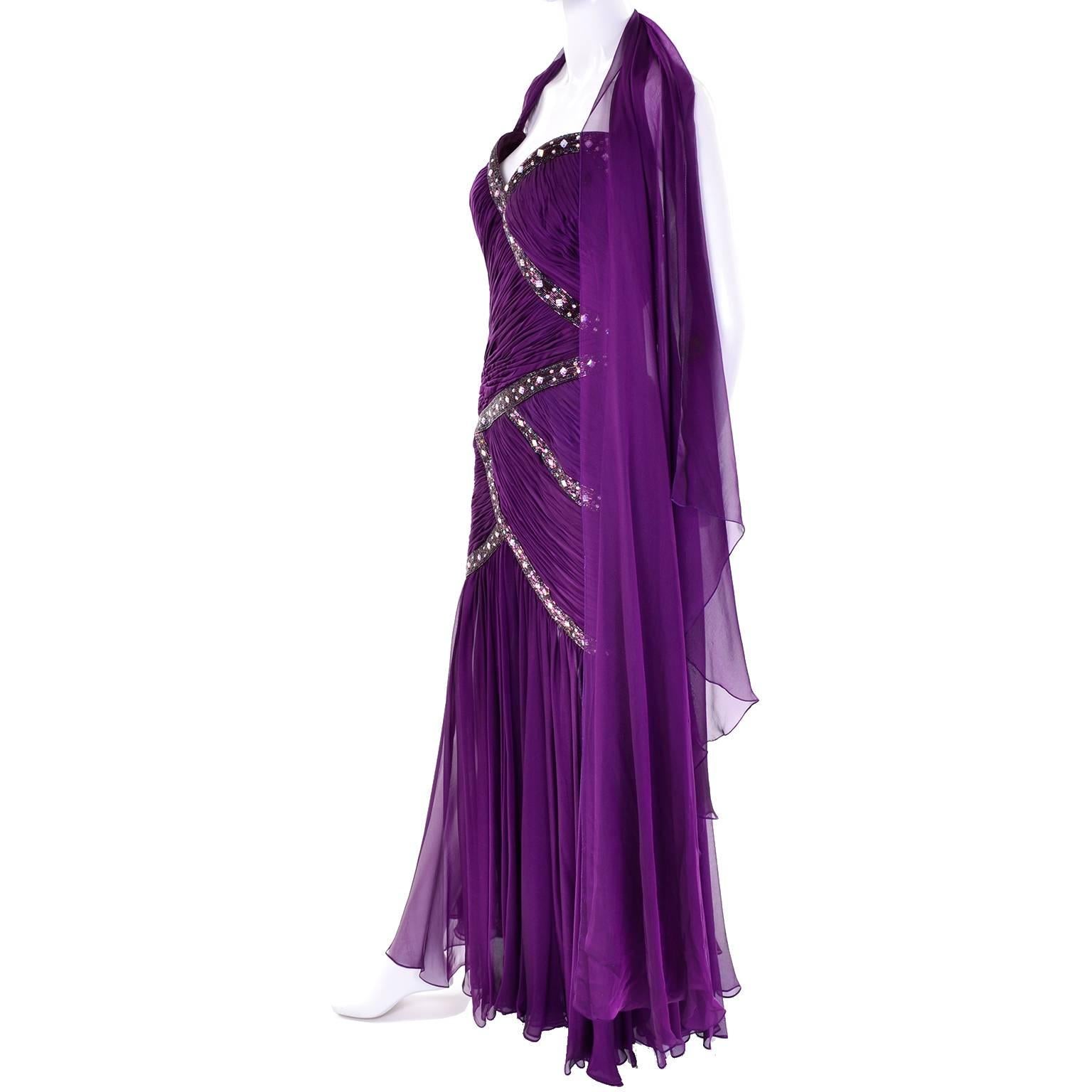 Michael Casey Vintage Purple Silk Beaded Chiffon Evening Gown Dress 3