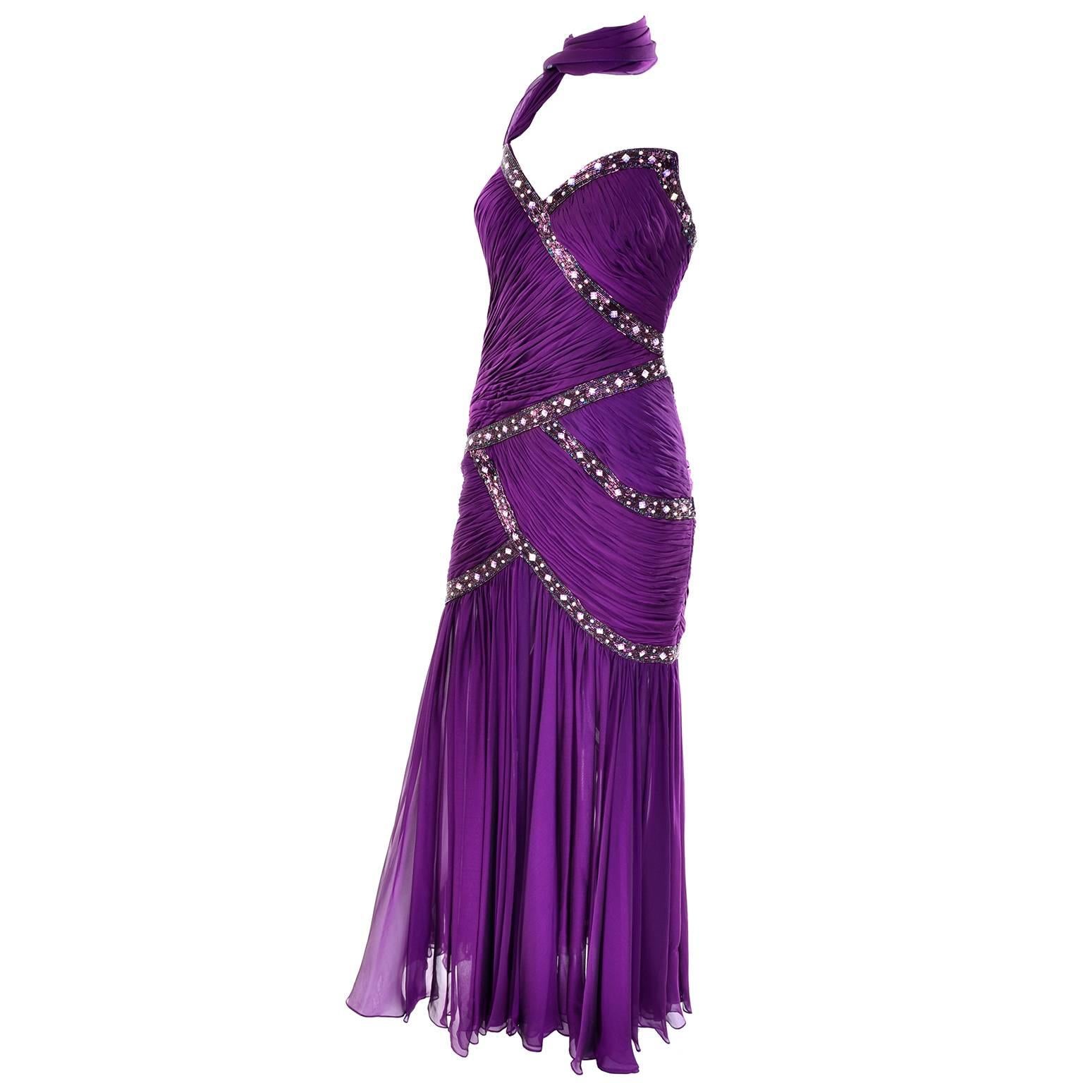 Michael Casey Vintage Purple Silk Beaded Chiffon Evening Gown Dress 5