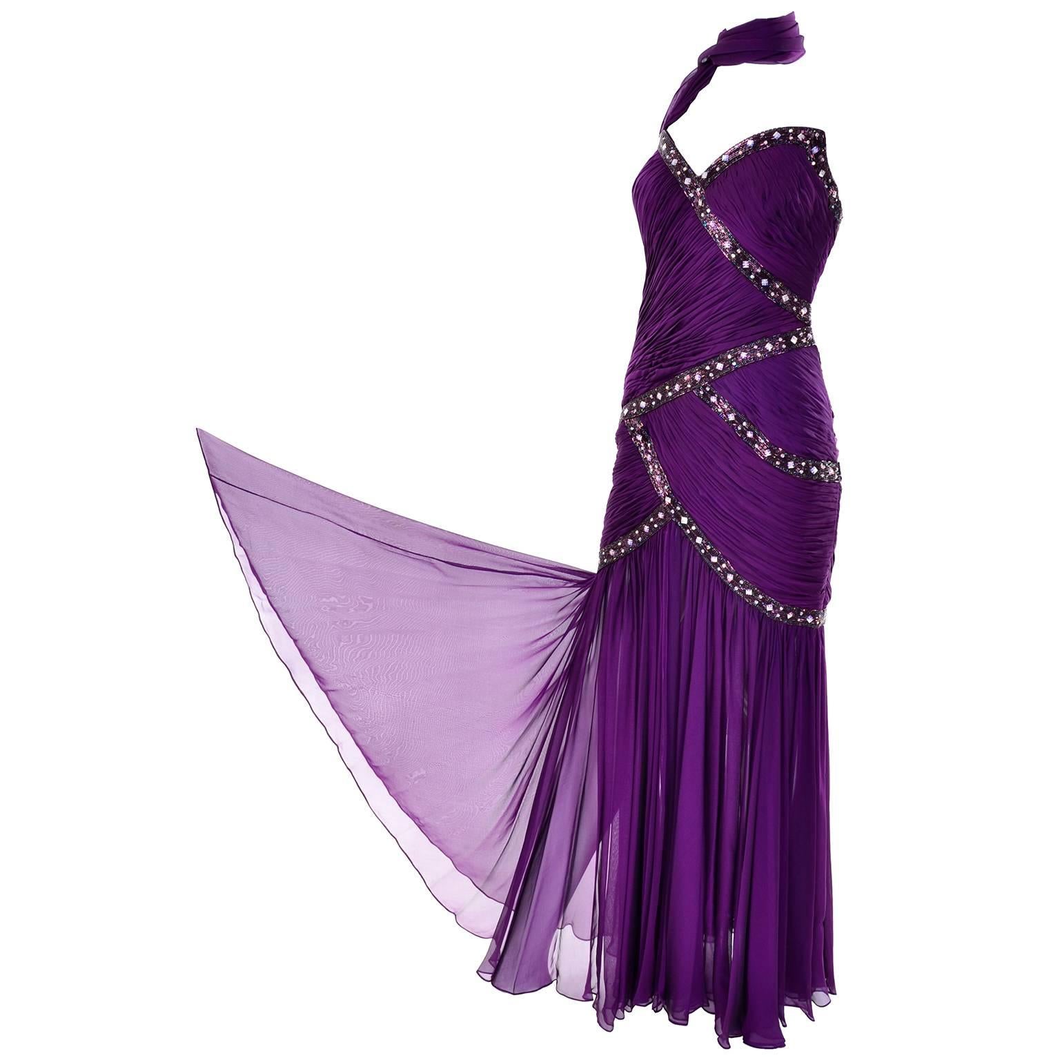 Michael Casey Vintage Purple Silk Beaded Chiffon Evening Gown Dress 2
