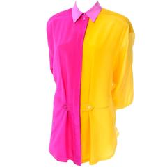 Escada Vintage Silk Yellow & Pink Color Block Blouse With Ombre Back