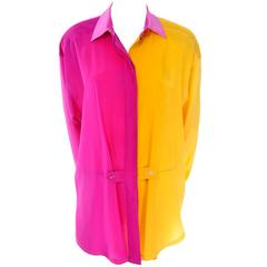 Escada Vintage Silk Yellow & Pink Color Block Blouse With Ombre Back