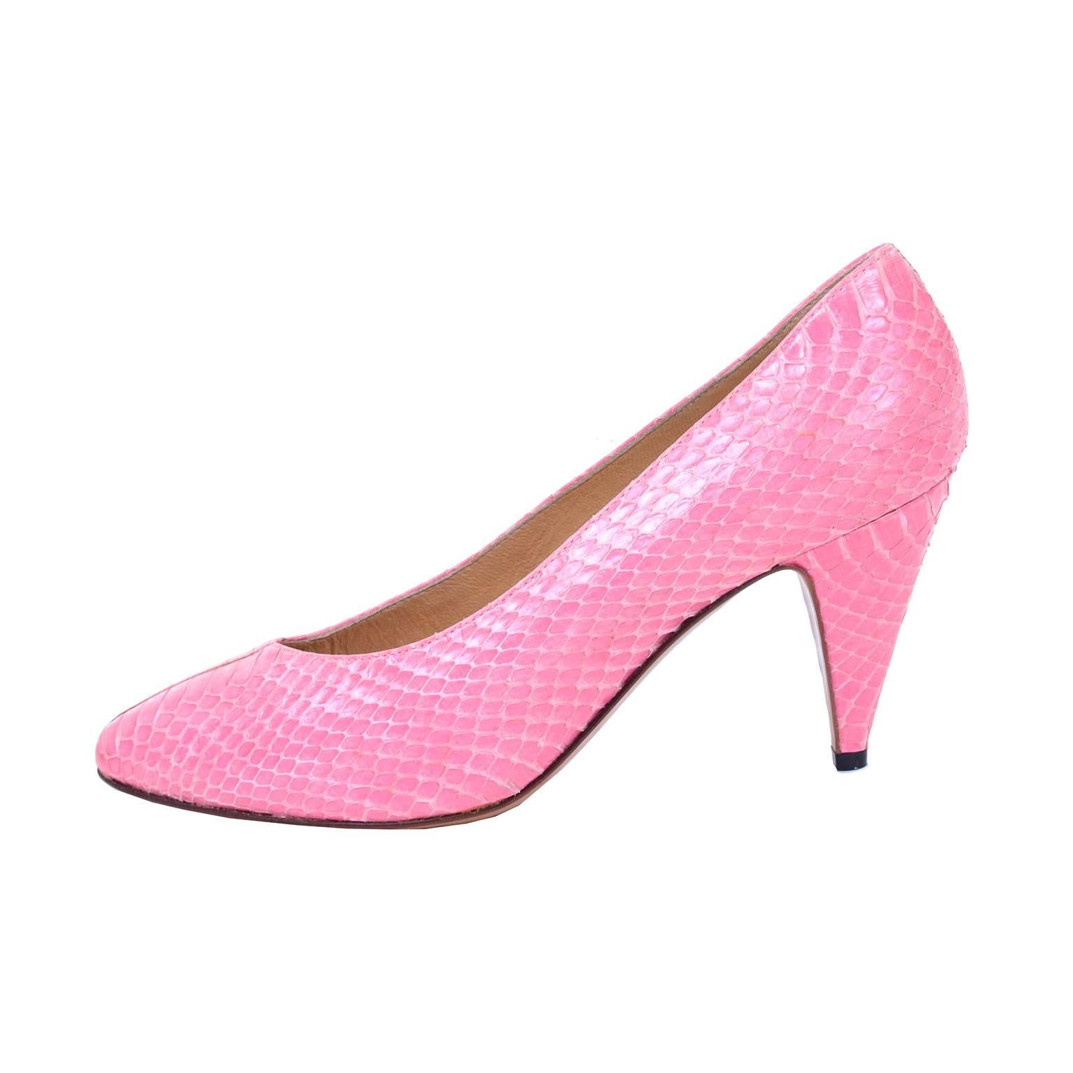 These gorgeous Manolo Blahnik vintage pink snakeskin shoes are from the 1980s and have the Manolo Blahnik London label. We acquired these along with dozens of other Blahnik shoes from the same estate and she had fabulous taste in footwear! These