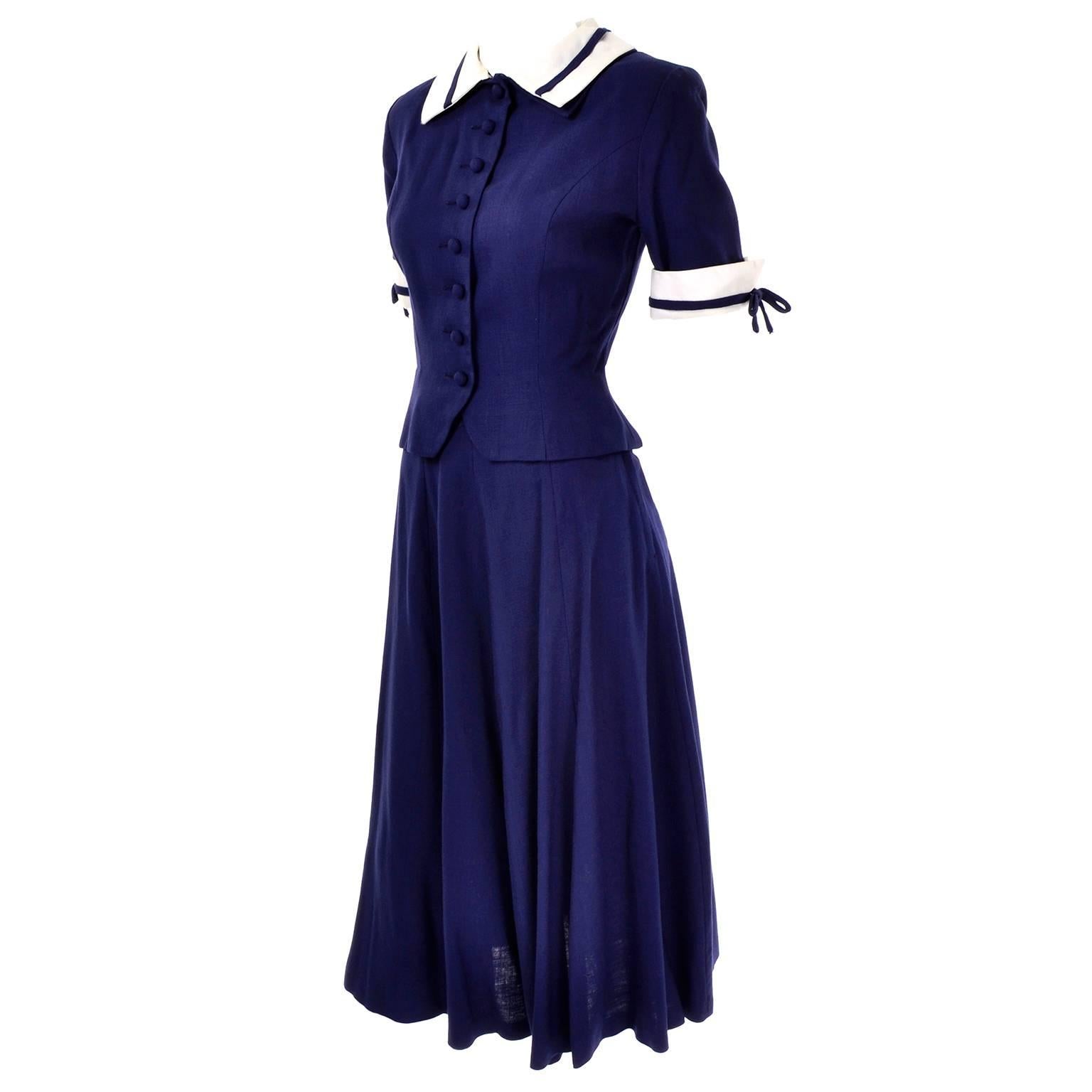 Vintage Navy Blue & White 2 Pc \Dress w/ peplum Worn by Jessica Chastain 