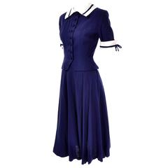 Vintage Navy Blue & White 2 Pc Rayon Dress w/ peplum Worn by Jessica Chastain
