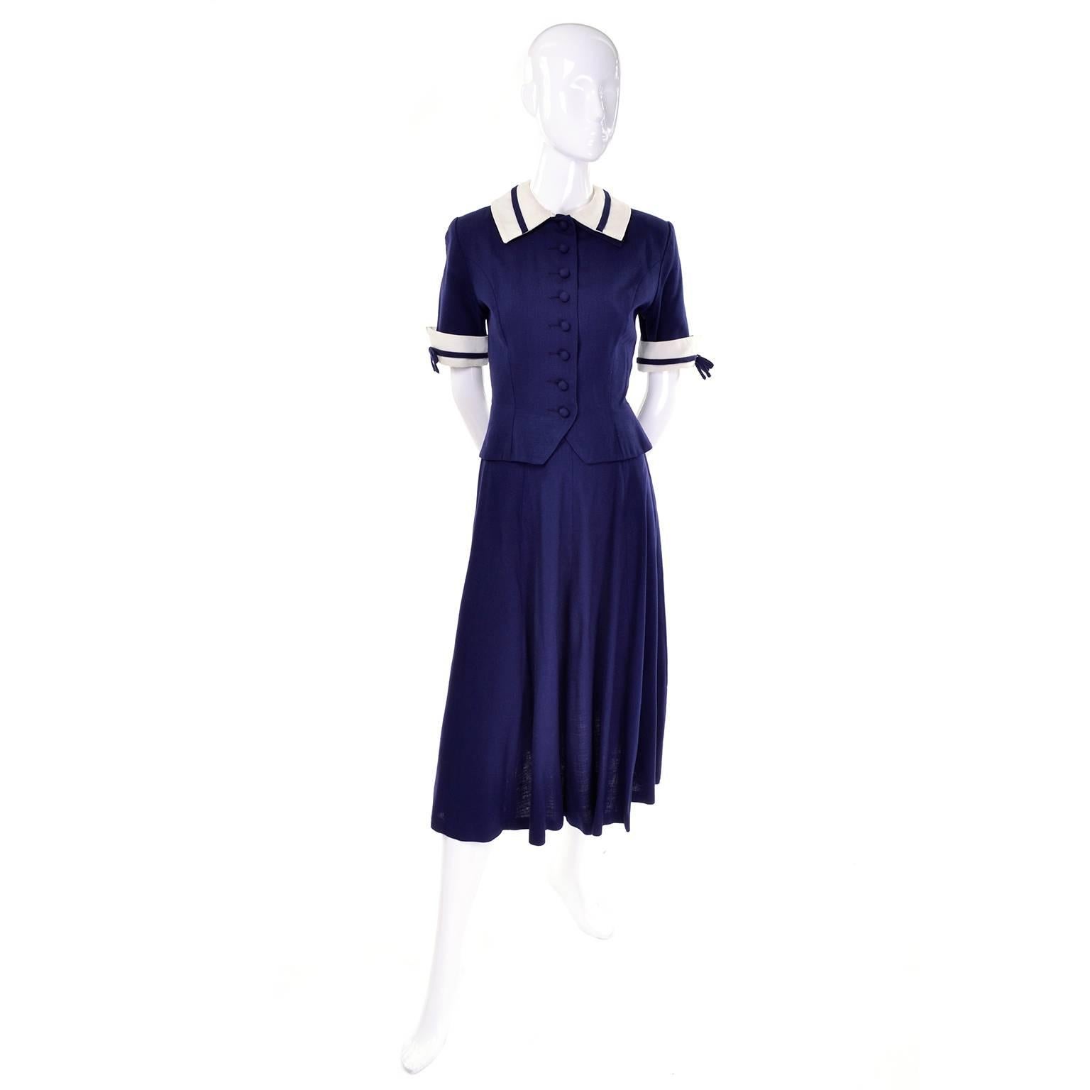 Women's Vintage Navy Blue & White 2 Pc \Dress w/ peplum Worn by Jessica Chastain 