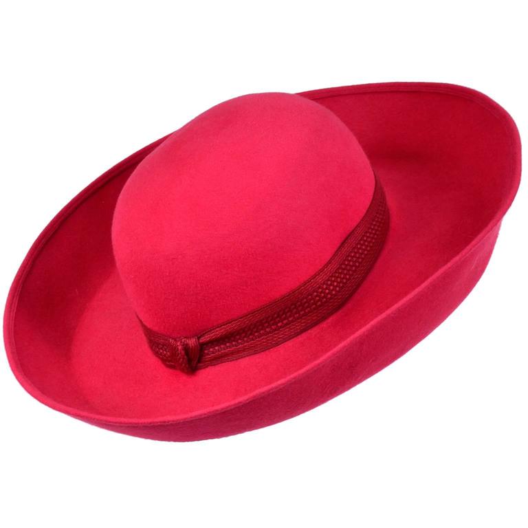 Women's Patricia Underwood Red Wool Wide Brim Vintage Hat with Bergdorf Goodman Tag For Sale