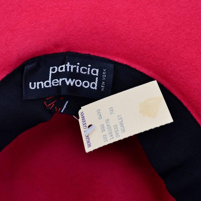 Patricia Underwood Red Wool Wide Brim Vintage Hat with Bergdorf Goodman Tag For Sale 2
