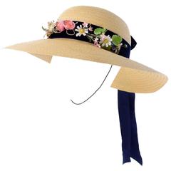 Vintage Straw Hat 1950s from I Magnin & Co Importers w/ Velvet Ribbon & Flowers