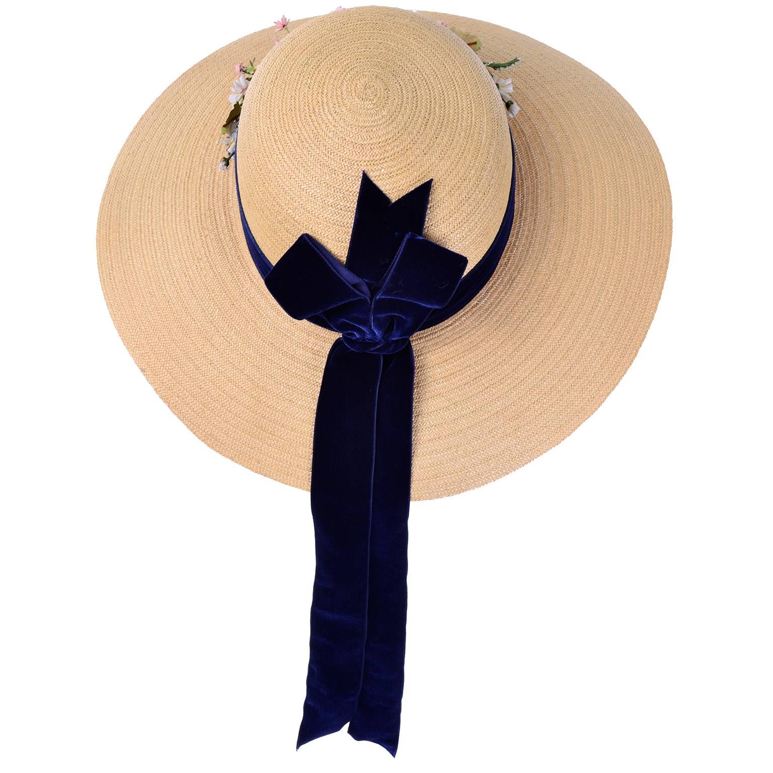 Beige Vintage Straw Hat 1950s from I Magnin & Co Importers w/ Velvet Ribbon & Flowers For Sale