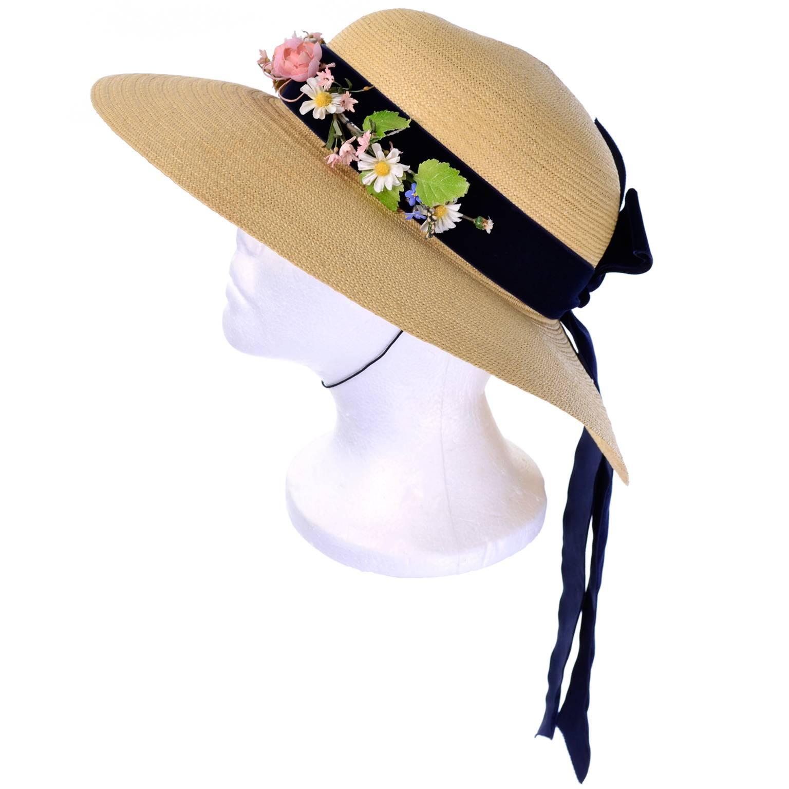 Women's Vintage Straw Hat 1950s from I Magnin & Co Importers w/ Velvet Ribbon & Flowers For Sale