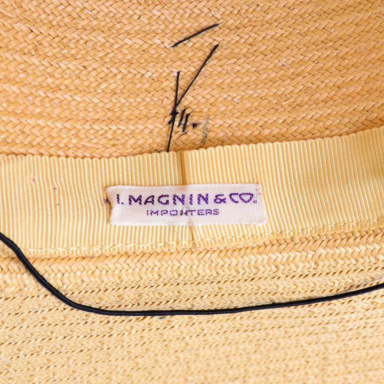 Vintage Straw Hat 1950s from I Magnin & Co Importers w/ Velvet Ribbon & Flowers For Sale 4