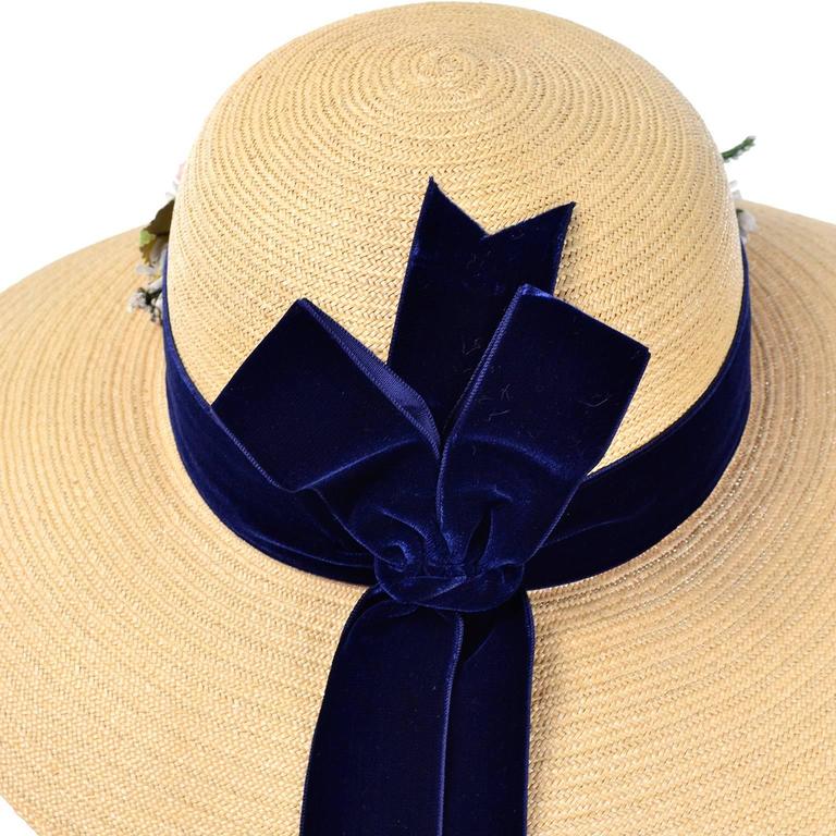 Vintage Straw Hat 1950s from I Magnin & Co Importers w/ Velvet Ribbon & Flowers For Sale 2