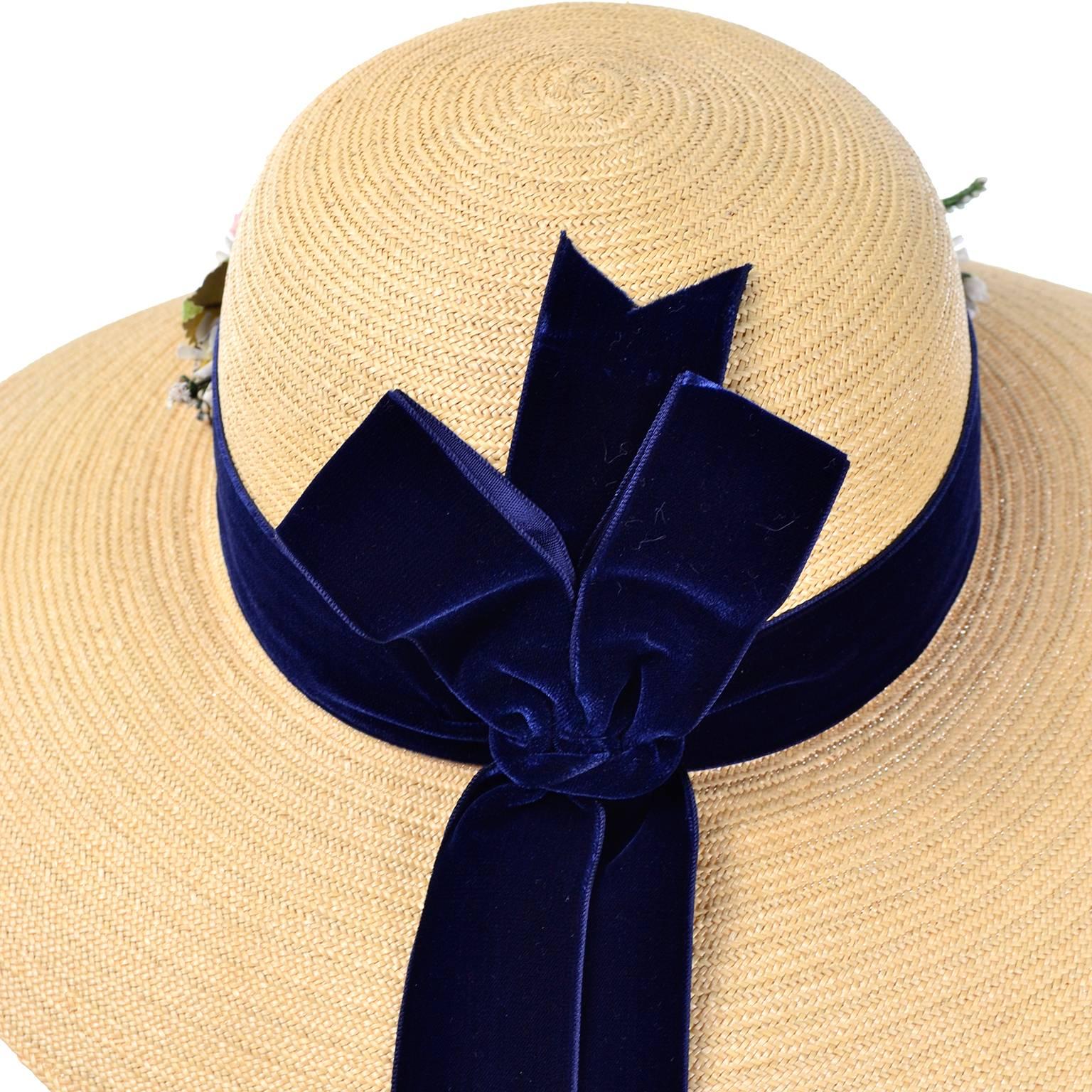 Vintage Straw Hat 1950s from I Magnin & Co Importers w/ Velvet Ribbon & Flowers In Excellent Condition For Sale In Portland, OR