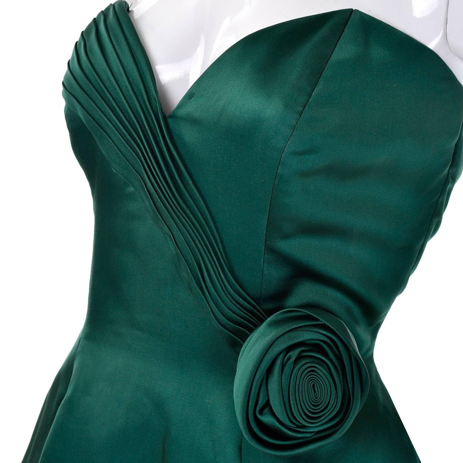 green satin strapless dress