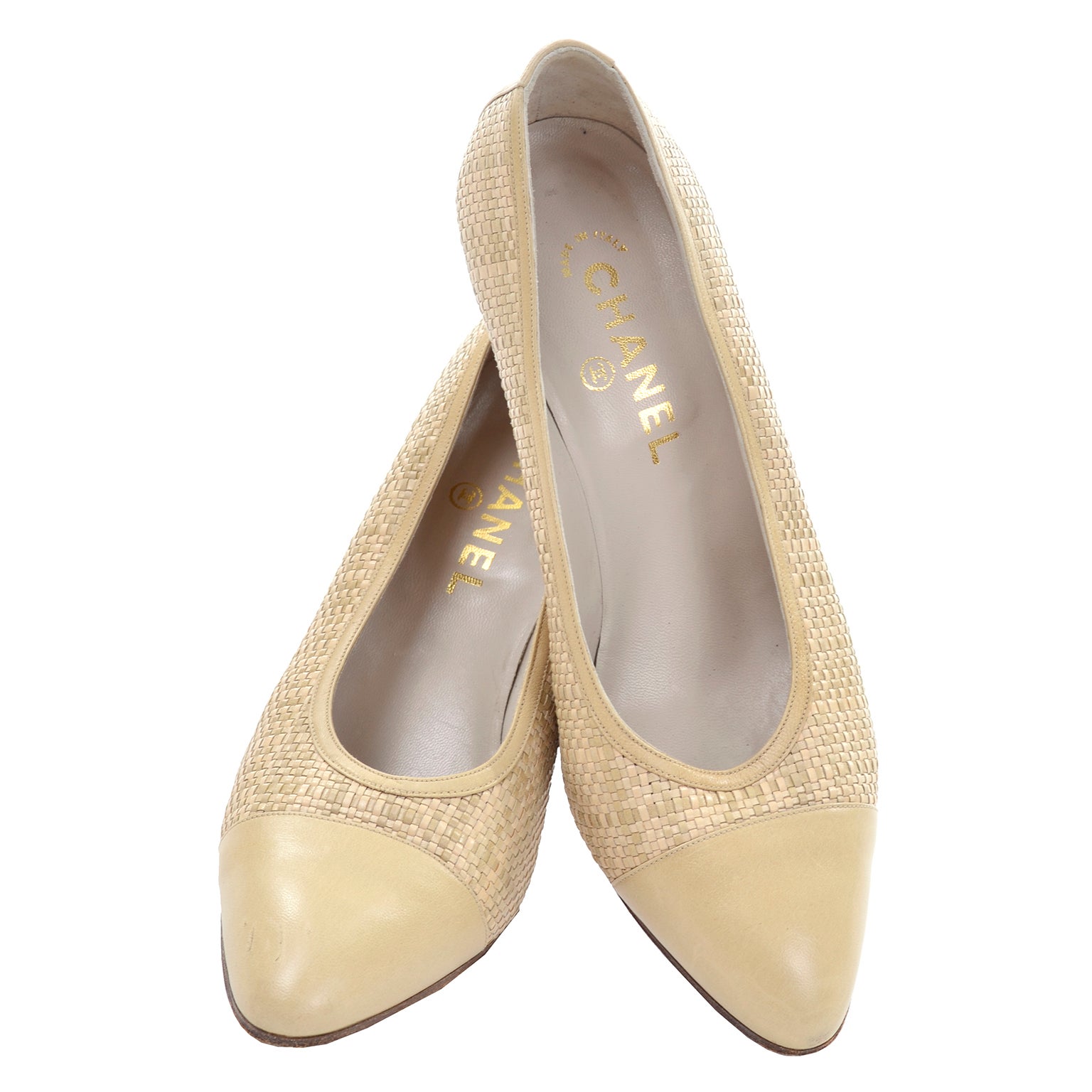 Chanel Grey and Beige Peep-Toe Kitten Heel Mules sz 36 For Sale at 1stDibs