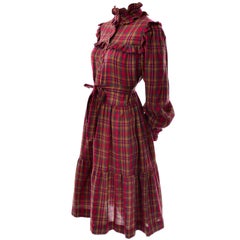 1978 Yves Saint Laurent YSL Plaid Ruffled Documented Peasant Prairie Dress