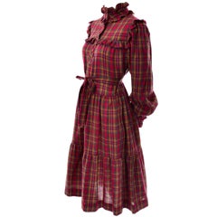 1978 Yves Saint Laurent YSL Plaid Ruffled Documented Peasant Prairie Dress 