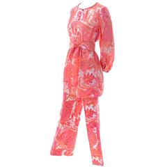1970s Vintage Pink & Orange Cotton 2pc High Waisted Pants & Tunic Outfit w/belt 4