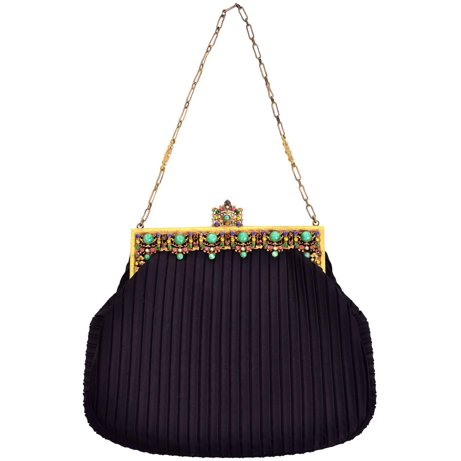 Beaded Jeweled Frame Vintage Black Satin Pleated Evening Bag Handbag