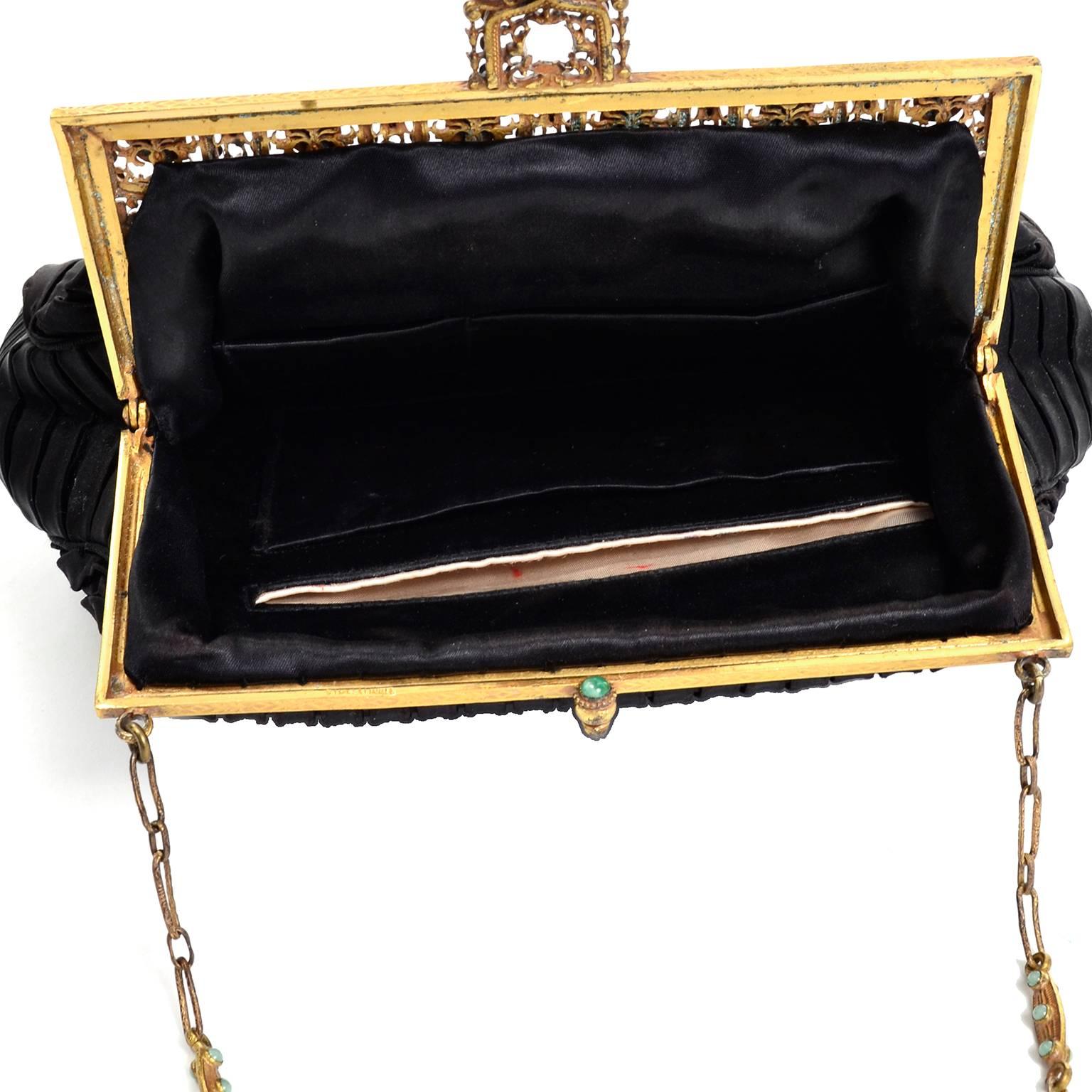 Beaded Jeweled Frame Vintage Black Satin Pleated Evening Bag Handbag In Excellent Condition In Portland, OR