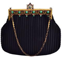 Beaded Jeweled Frame Vintage Black Satin Pleated Evening Bag Handbag