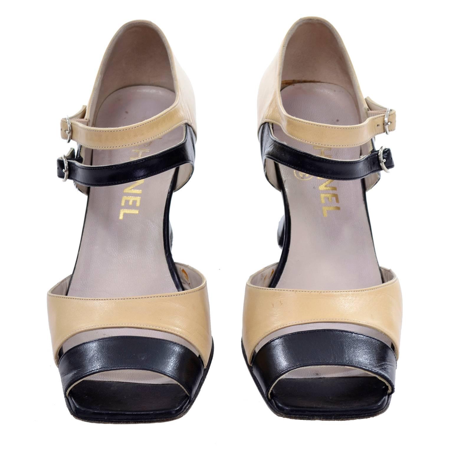 Chanel Vintage Peep Toe Double Strap Two Tone Beige and Black Shoes 37.5 In Excellent Condition In Portland, OR