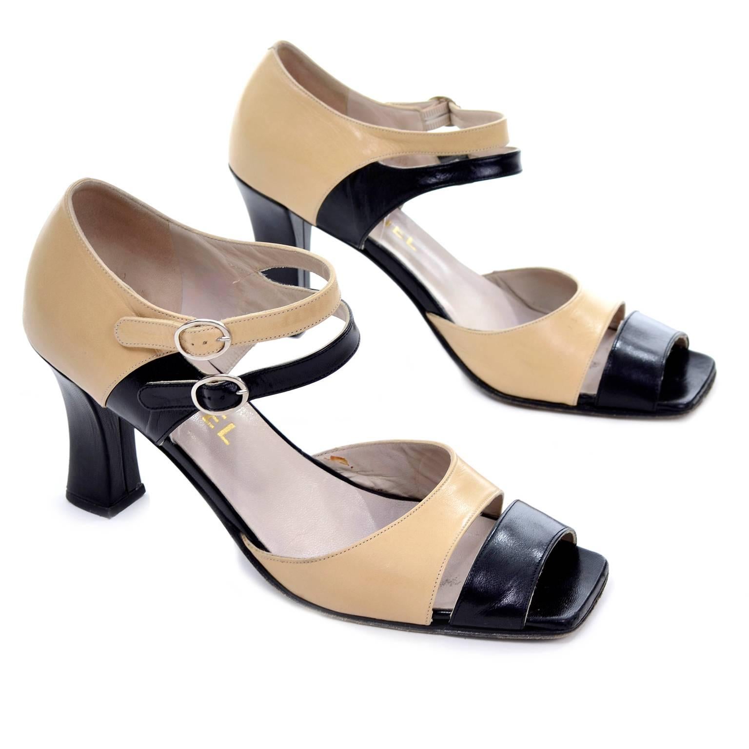 Chanel Vintage Peep Toe Double Strap Two Tone Beige and Black Shoes 37.5 1