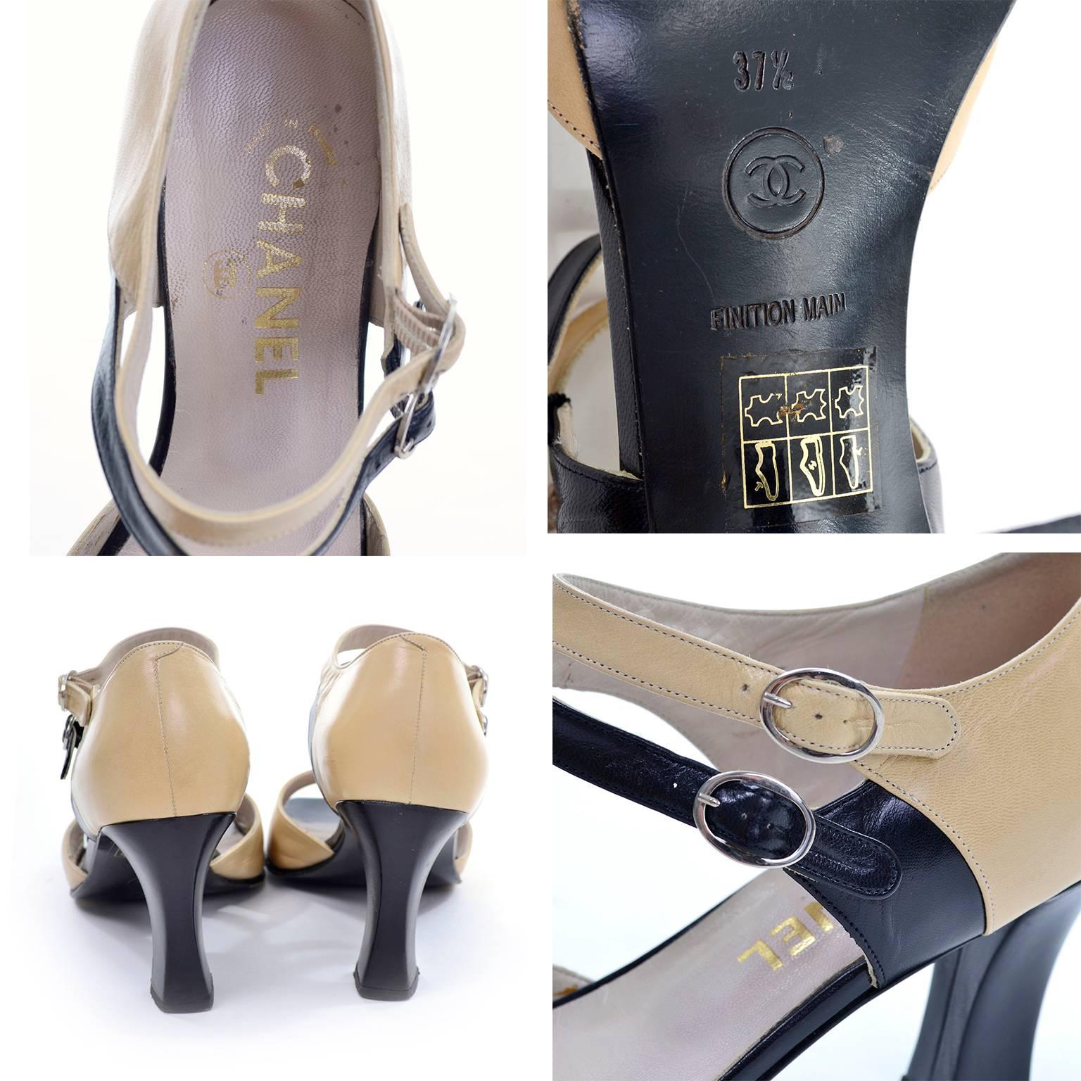 Chanel Vintage Peep Toe Double Strap Two Tone Beige and Black Shoes 37.5 3