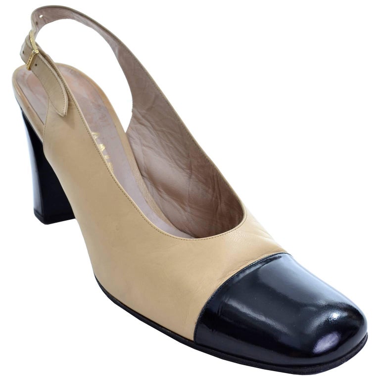 Chanel Vintage Cream and Black Sling Back Block Heel Shoes 39.5 For ...