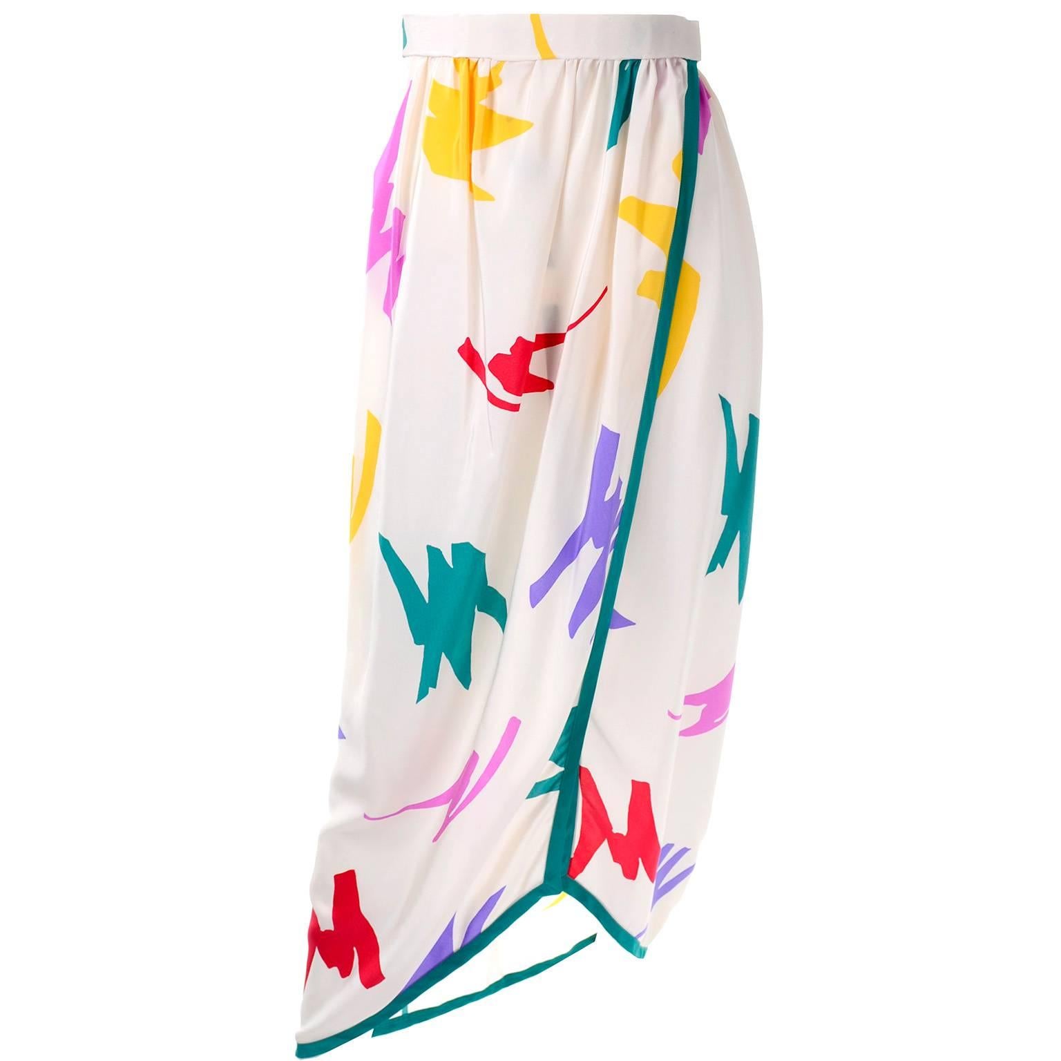 Oscar de la Renta Vintage Skirt in Abstract Jewel Tone Print on Ivory Silk