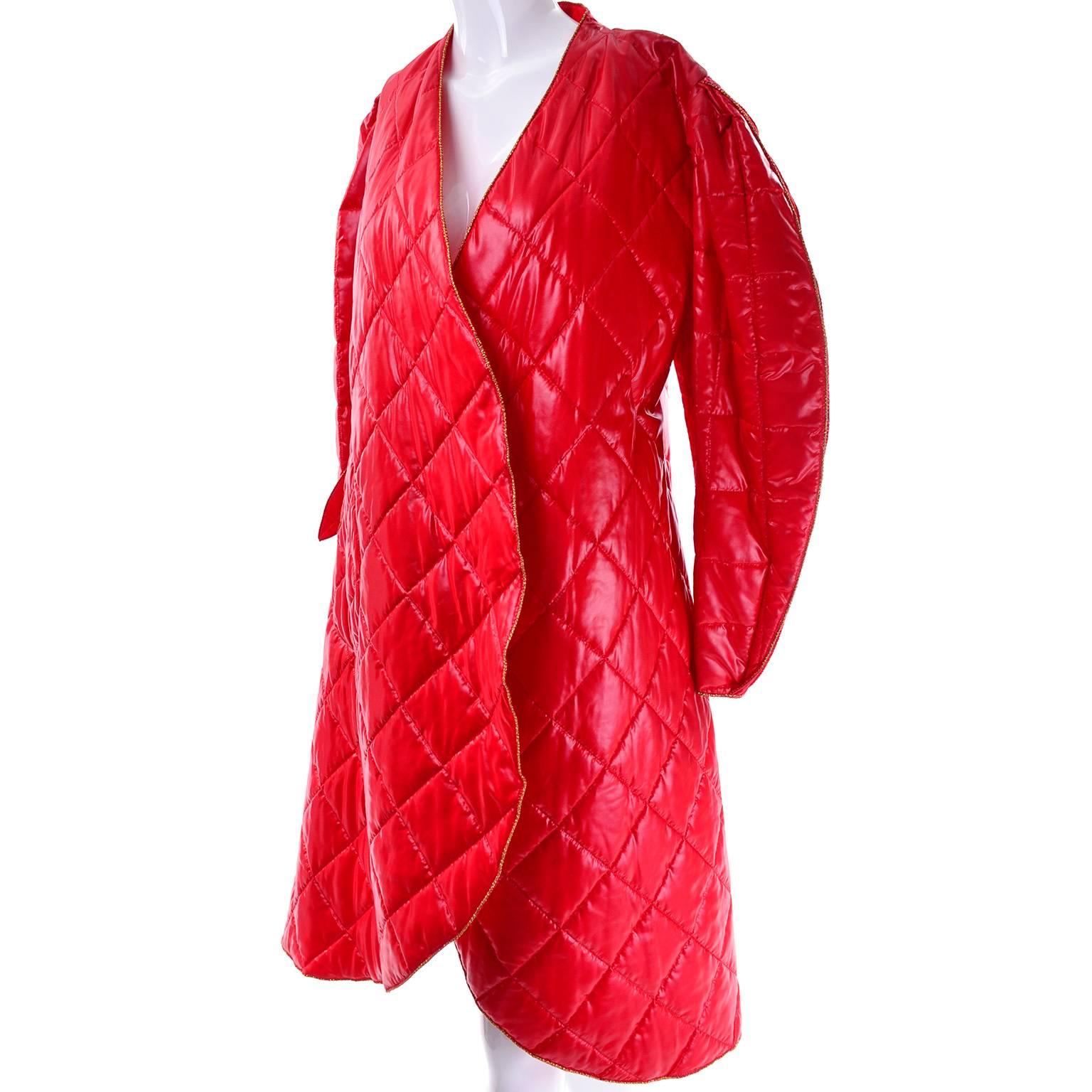 1980s Avant Garde Jacket Roedean Landeaux Vintage Custom Shiny Red Quilted Coat  2