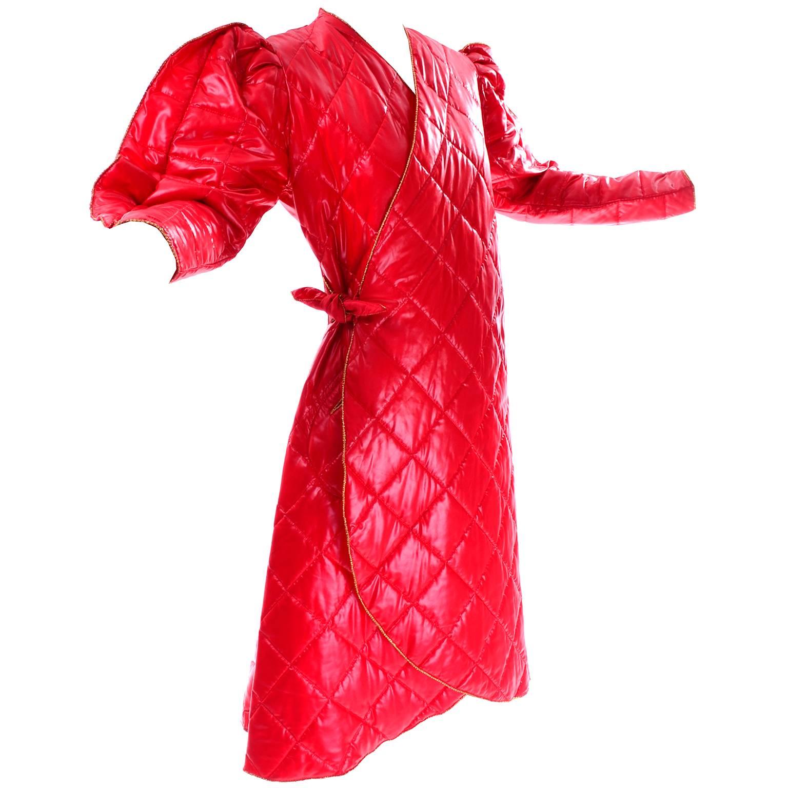 1980s Avant Garde Jacket Roedean Landeaux Vintage Custom Shiny Red Quilted Coat 