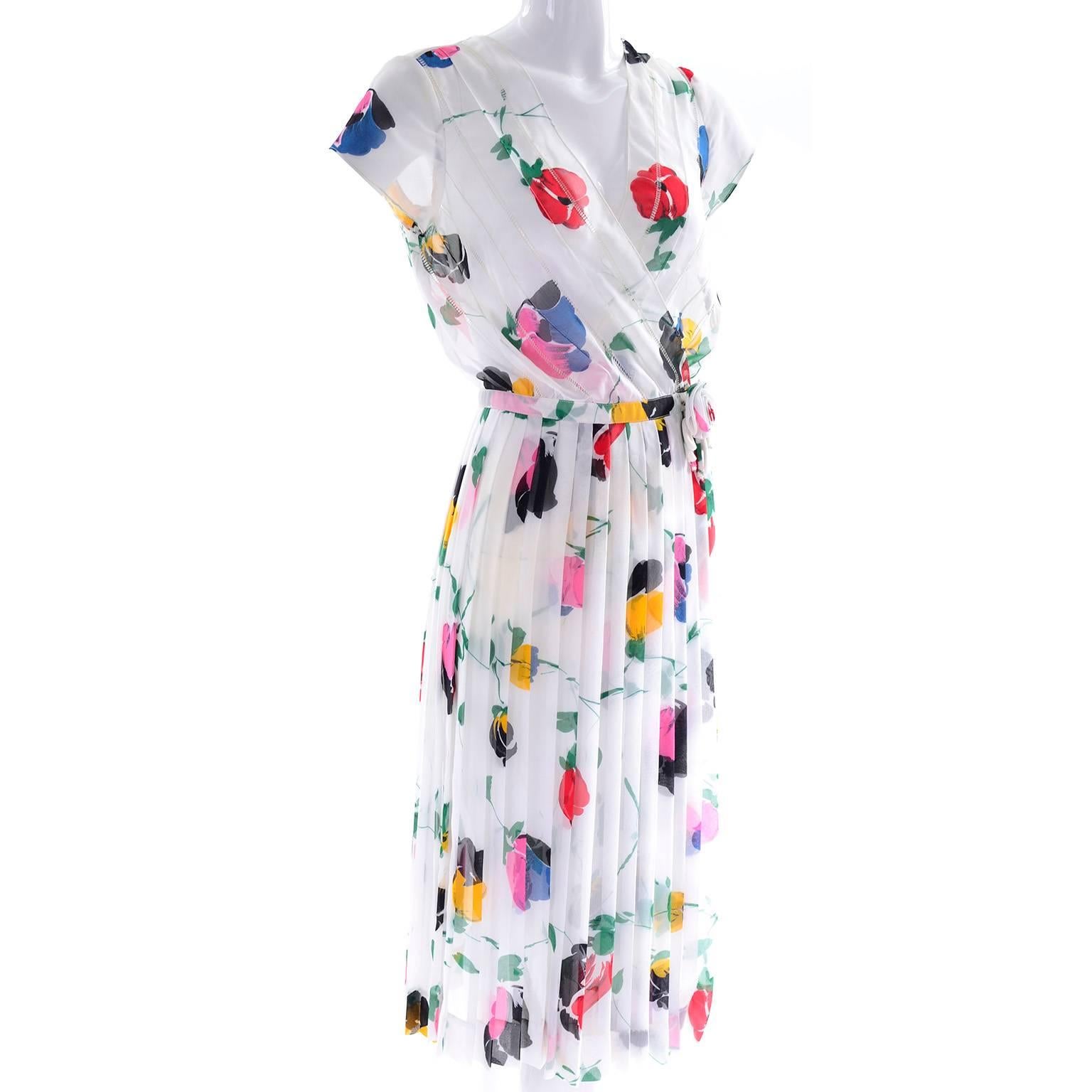 Women's 1970s Albert Nipon Vintage Faux Wrap Style Dress in Bold Sheer Floral Print 