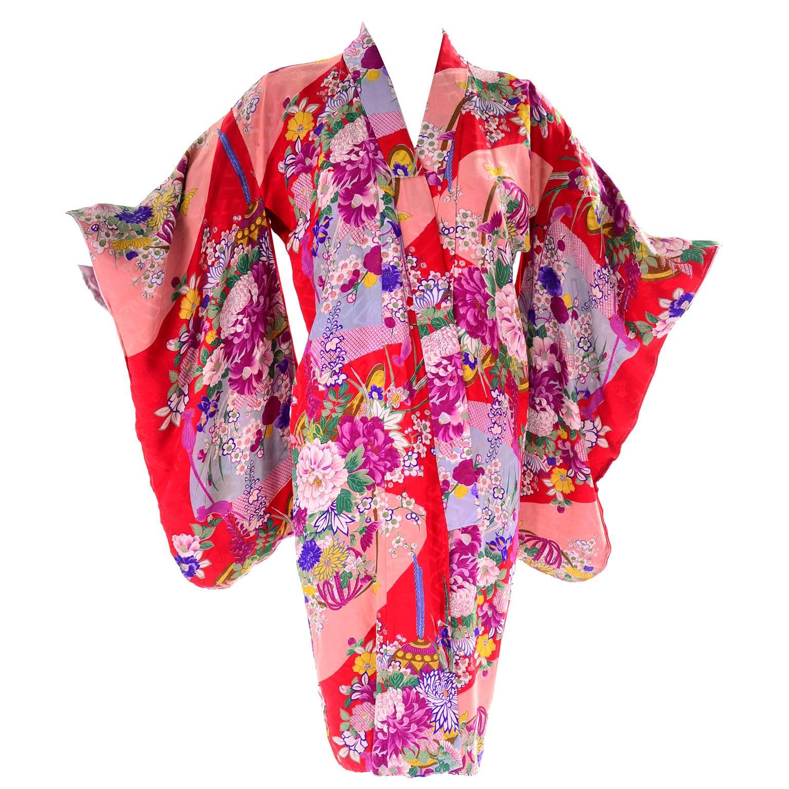 Red Floral Silk Multi Colored Vintage Kimono Robe from Asian Textile Collection