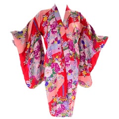 Red Floral Silk Multi Colored Vintage Kimono Robe from Asian Textile Collection