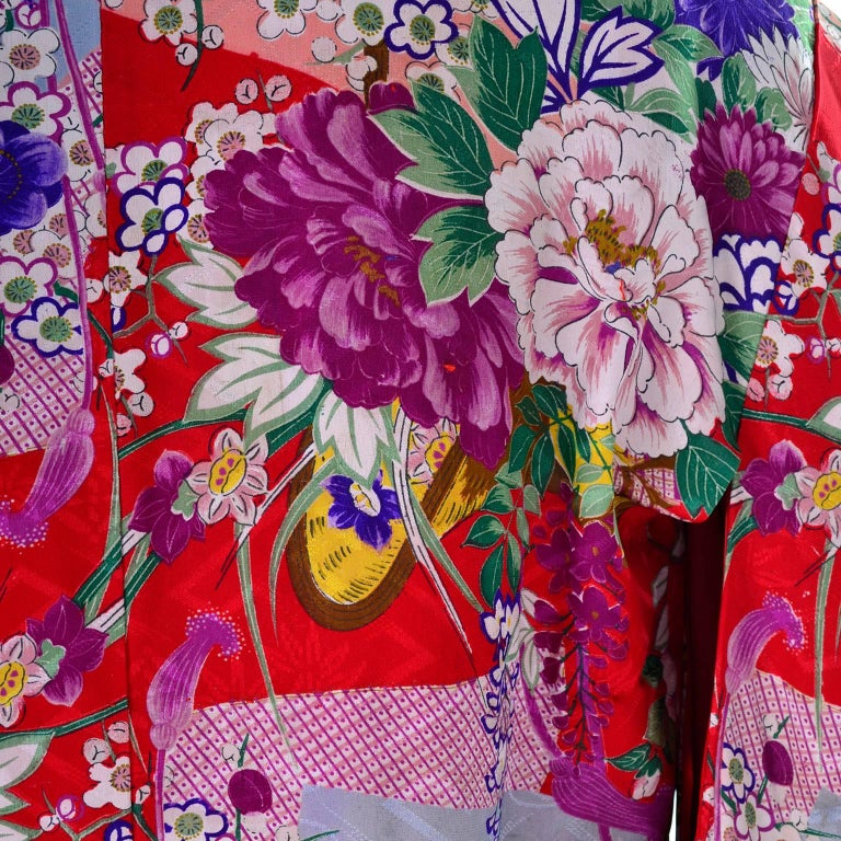 Red Floral Silk Multi Colored Vintage Kimono Robe from Asian Textile