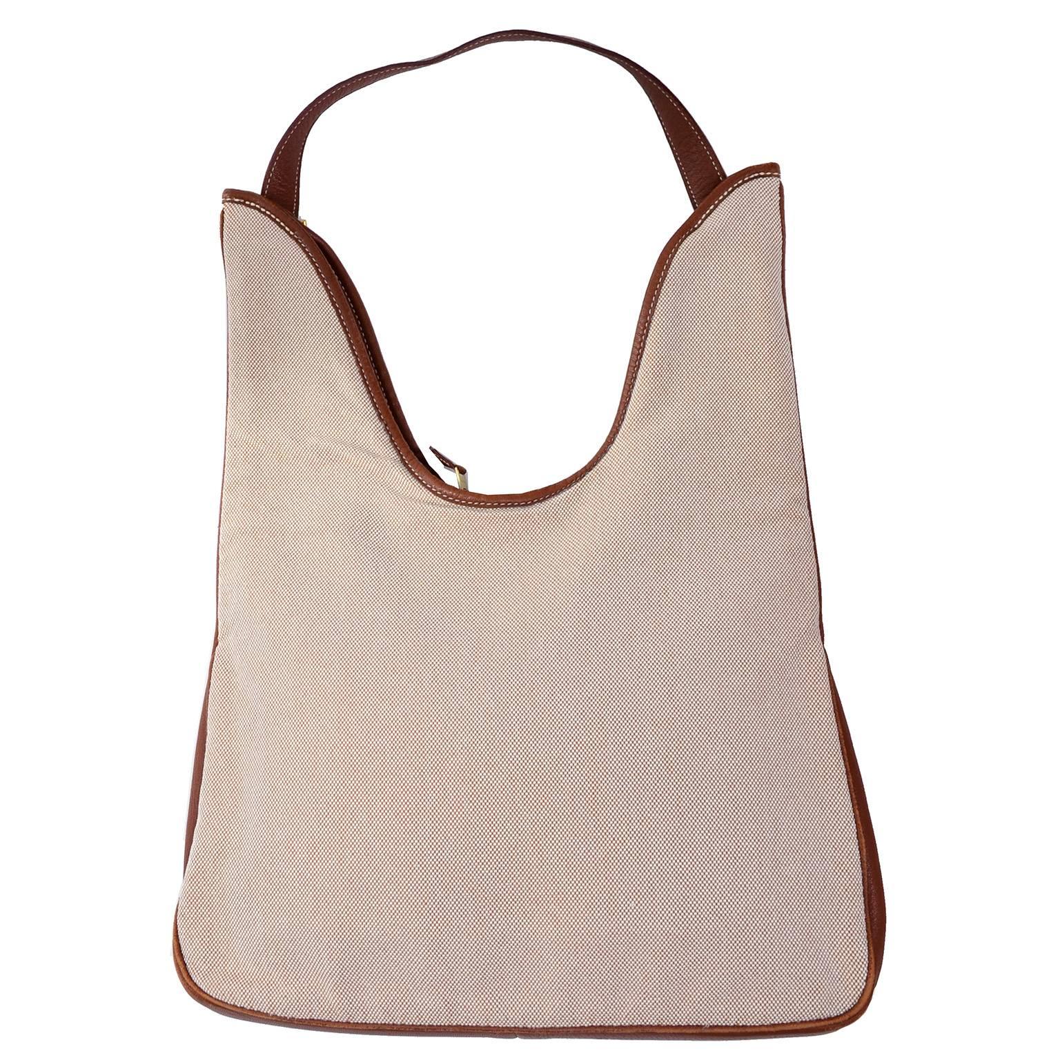 Hermes Massai Cut Handbag in Beige Canvas With Full Leather Lining and Trim In Excellent Condition In Portland, OR