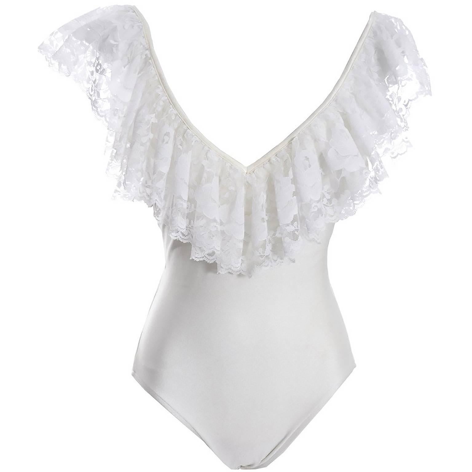 Vintage Bill Blass White Swimsuit W/ Deep V Cut & Lace Trim W/ Lace Over Skirt