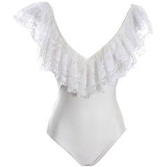 Vintage Bill Blass White Swimsuit W/ Deep V Cut & Lace Trim W/ Lace Over Skirt