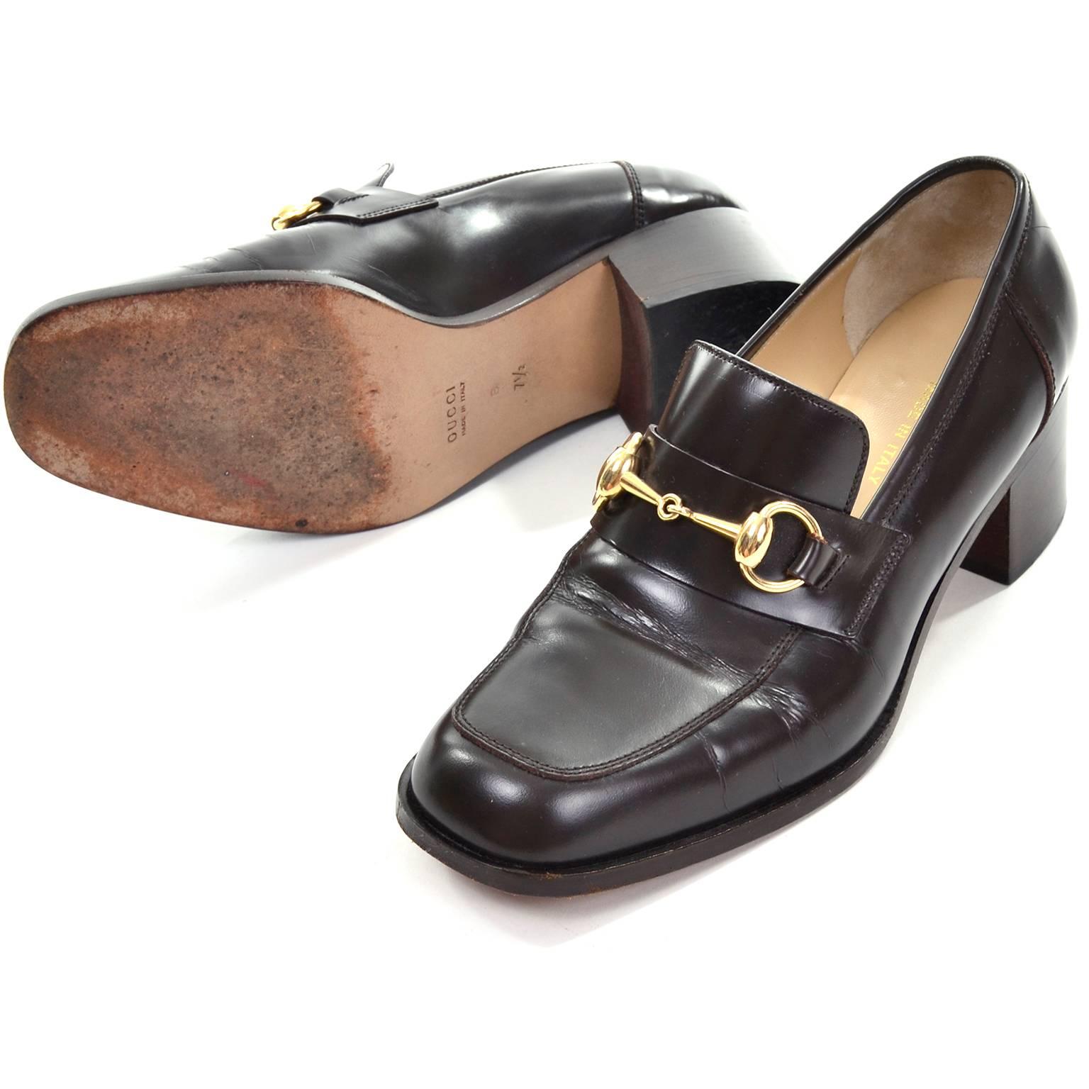 Gucci Vintage Shoes Brown Leather Loafers w/ Horsebit Buckles Size 7.5 In Excellent Condition In Portland, OR