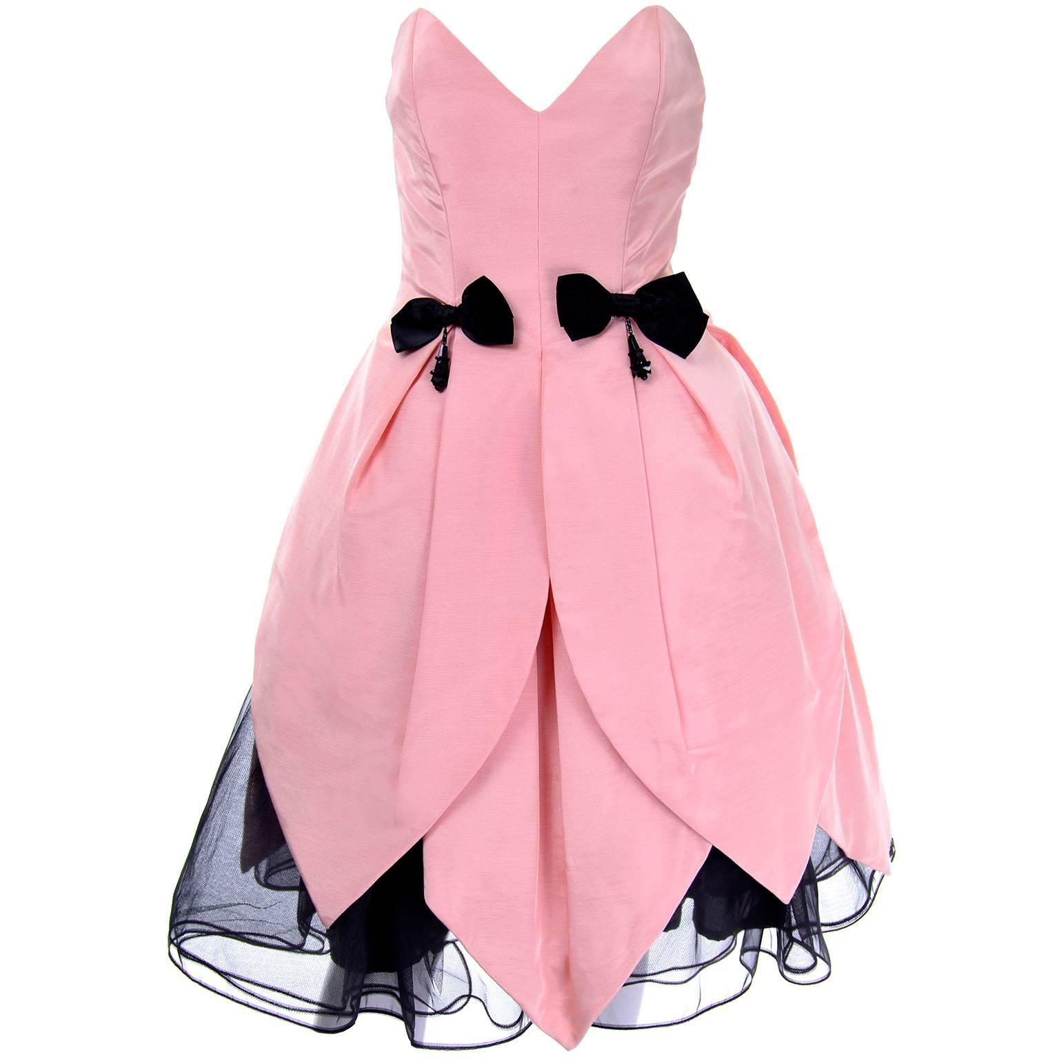 Victor Costa 1980s Bergdorf Goodman Pink & Black Vintage Dress w/ Beading & Bows