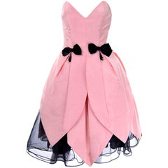 Victor Costa 1980s Bergdorf Goodman Pink & Black Vintage Dress w/ Beading & Bows