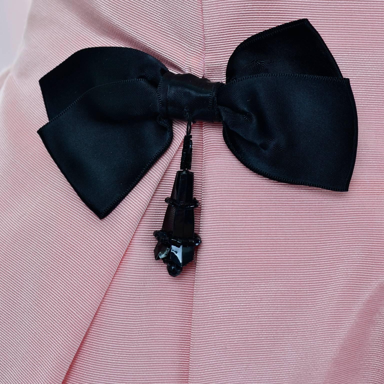 Victor Costa 1980s Bergdorf Goodman Pink & Black Vintage Dress w/ Beading & Bows 3