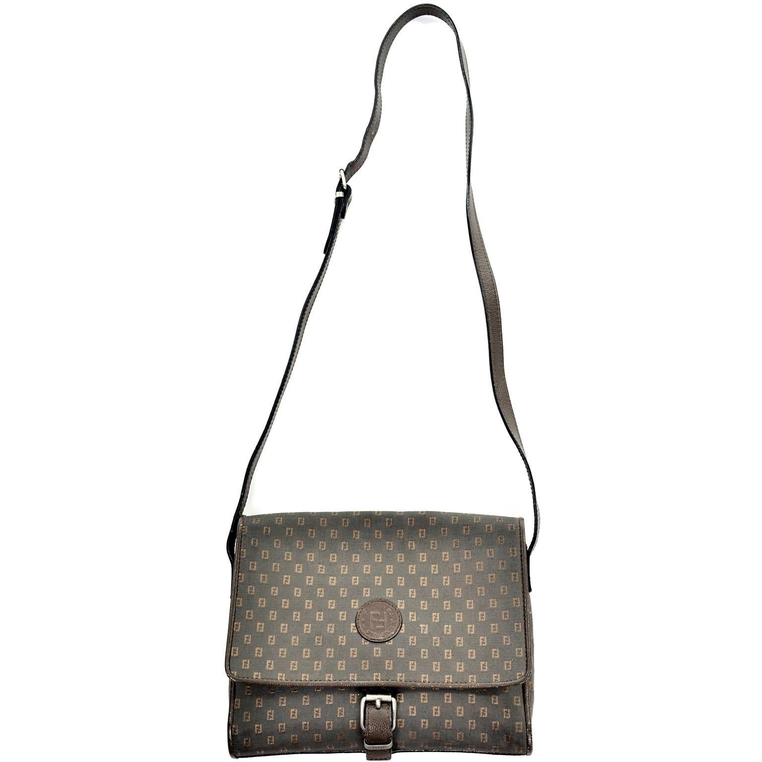 Vintage Fendi SAS Canvas & Leather Logo Handbag w Adjustable Shoulder Strap