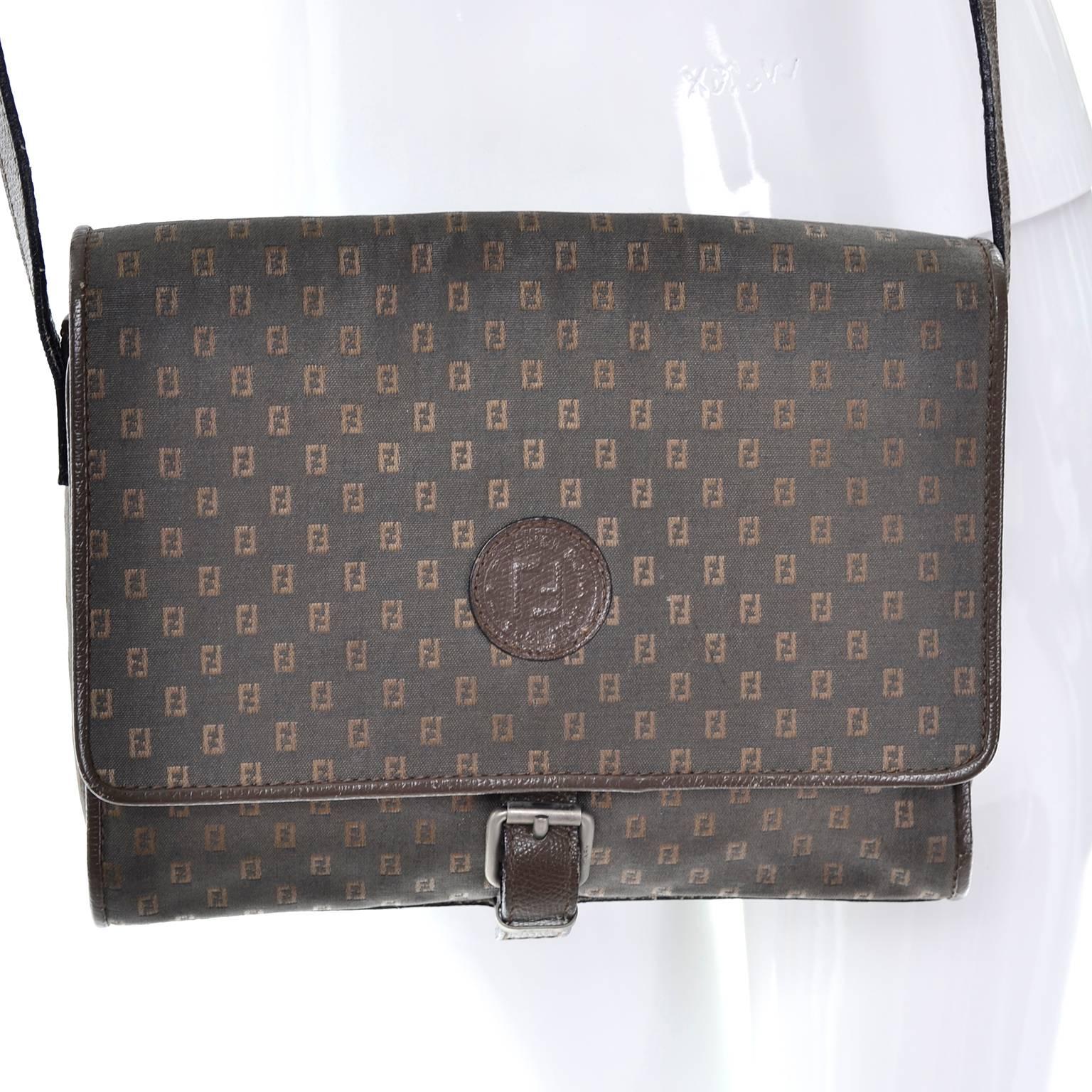 Gray Vintage Fendi SAS Canvas & Leather Logo Handbag w Adjustable Shoulder Strap