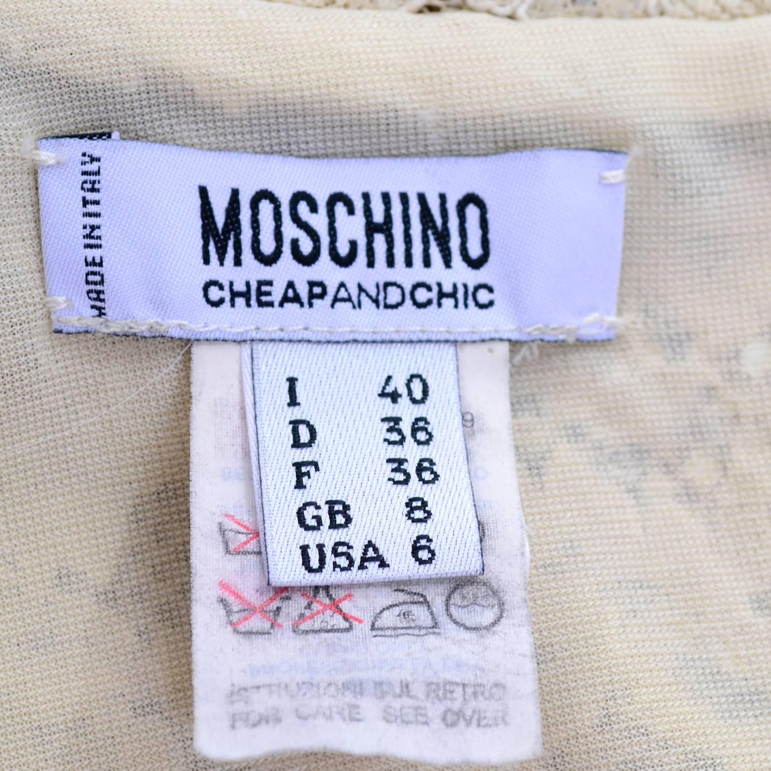 Moschino Creme Sand Spitze Kurzarm Mock T Hals Vintage Kleid US Größe 6  im Angebot 3