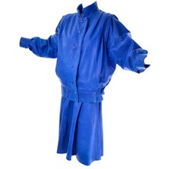 Vintage 1980s Saturated Blue Leather Skirt & Oversized Jacket Suit European Size 40