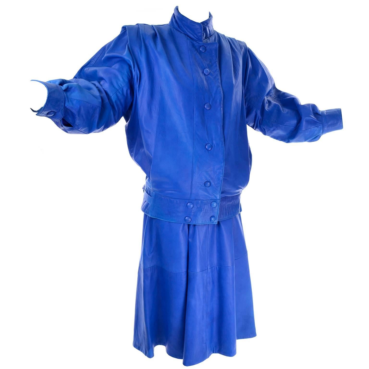 This avant garde vintage blue leather skirt suit is incredibly soft and luxurious (could be lambskin). There is no content label and the only label found is a very tiny white one with red stitching that indicates that it is a European size 40.  The