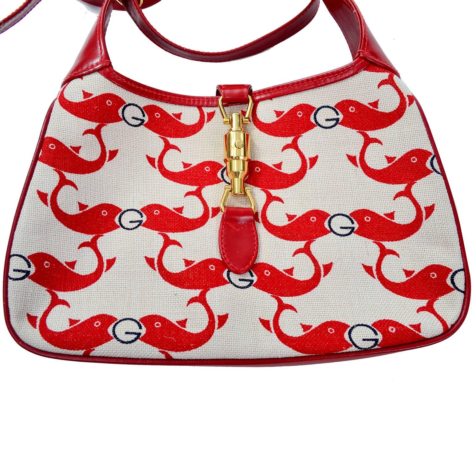 Rare Vintage 1970s Gucci Red Whale or Dolphin Fish Handbag with Shoulder straps In Excellent Condition In Portland, OR