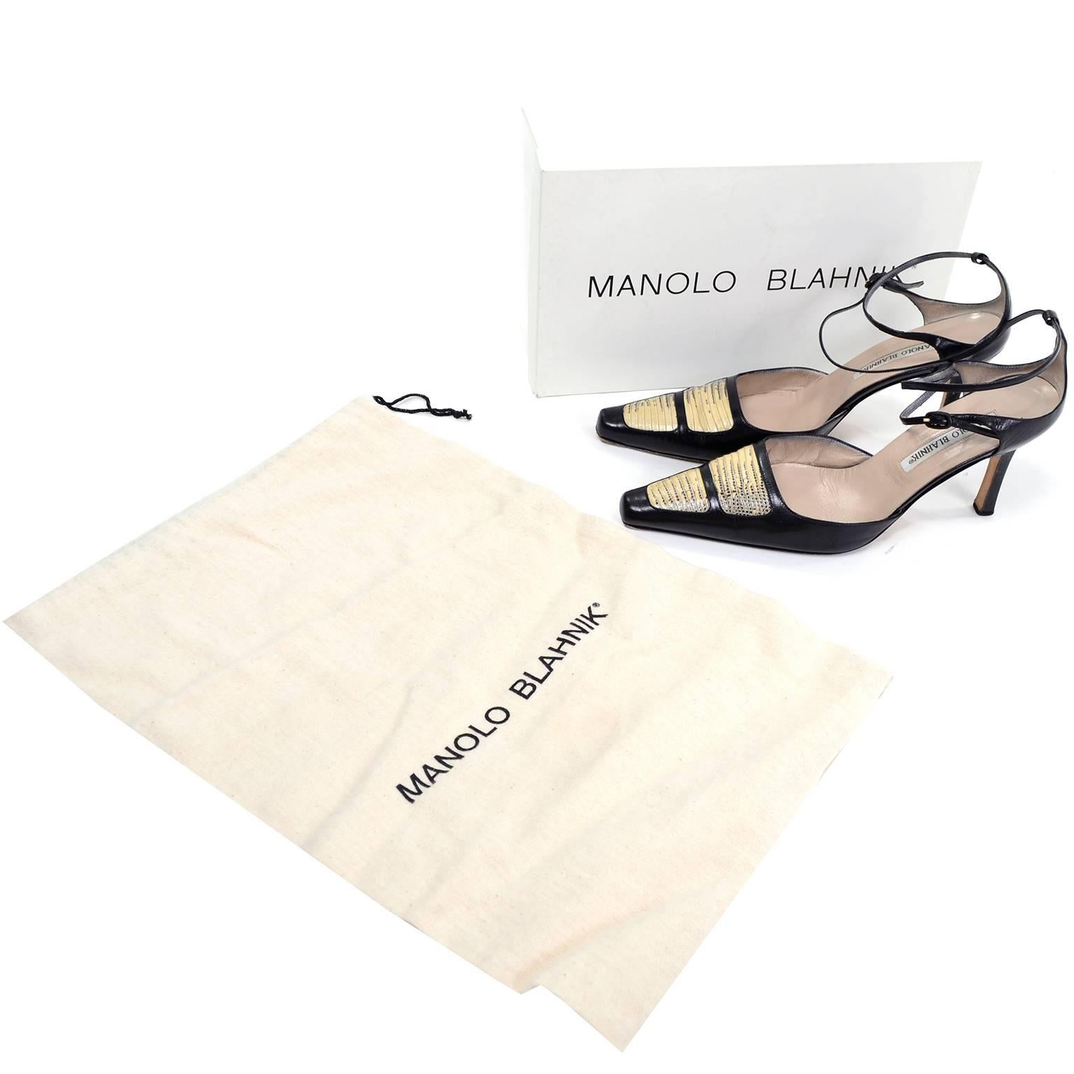 These are fabulous vintage Manolo Blahnik ankle strap pumps with black kid leather and lizard toes.  The shoes come with their original box and shoe bags. 
 The box reads: M-Lascivia Black Kid BZ-90 Lizard Roccia 90/LOM. These beautiful shoes are a
